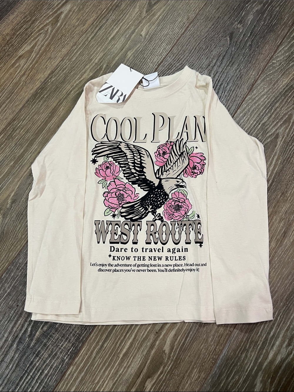 Zara Cream Long-Sleeve Graphic Tee with Black Eagle and Pink Floral Print